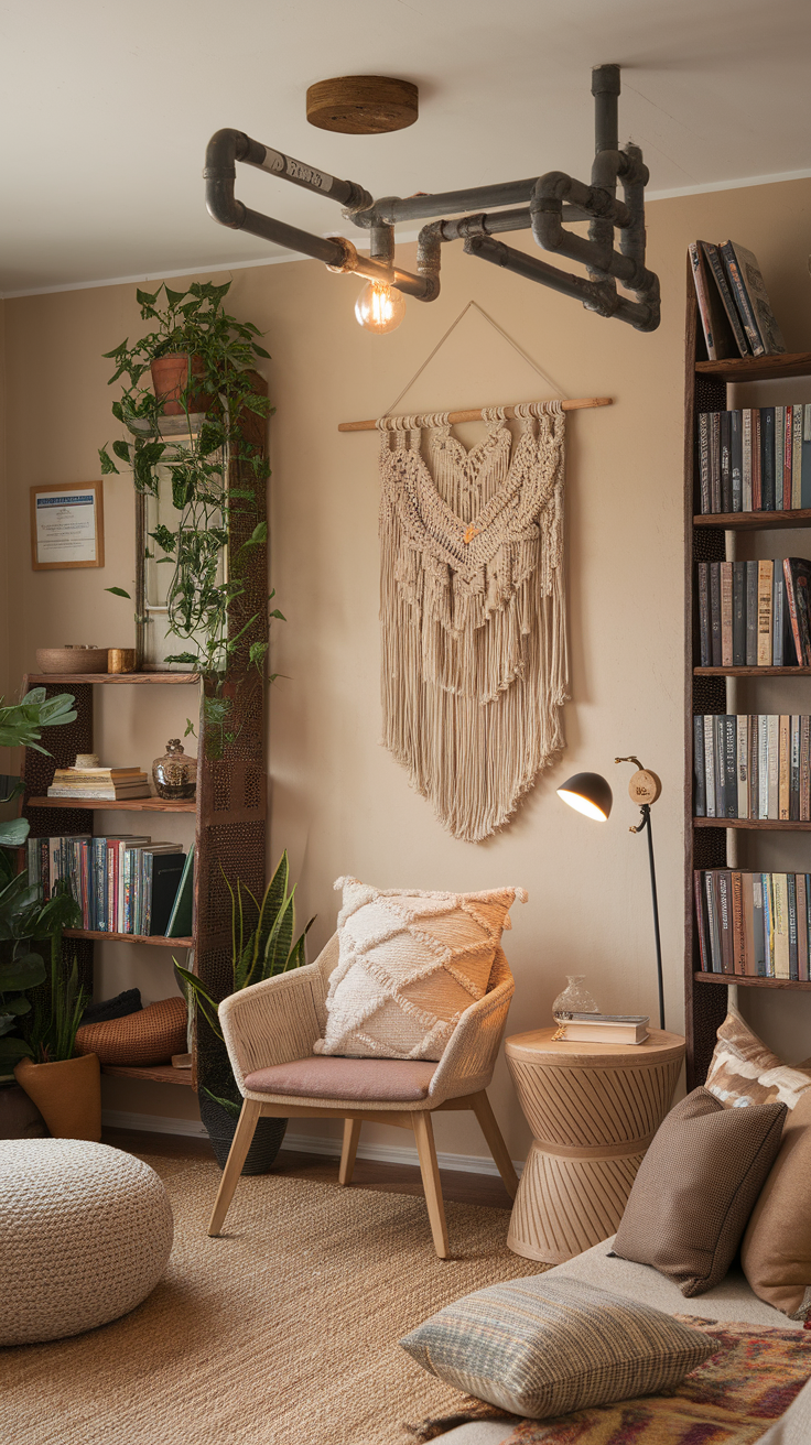 A cozy living room with a unique industrial-style light fixture and warm decor.