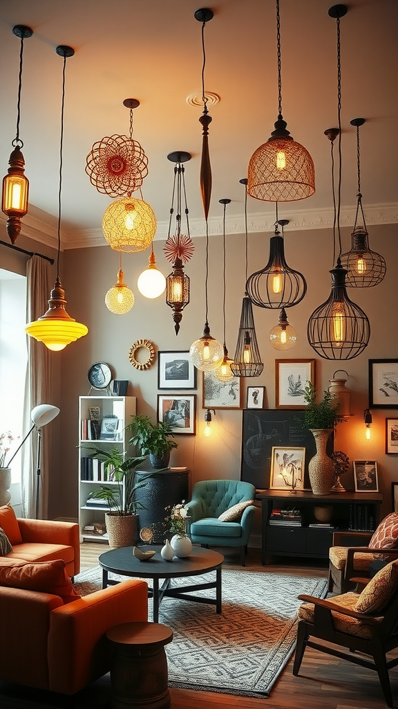 A variety of unique lighting fixtures hanging from the ceiling in a stylish living room.