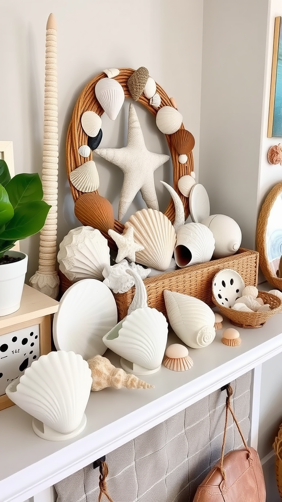 A collection of decorative shells displayed on a shelf with a starfish and plant.