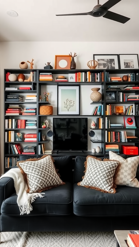 A cozy living room with a stylish black bookshelf filled with books and decor, alongside a comfortable couch and a wooden coffee table.