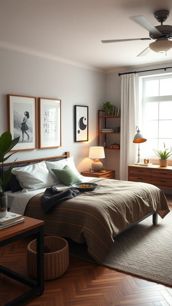 A stylish bedroom featuring natural wood furniture, modern art, and greenery.