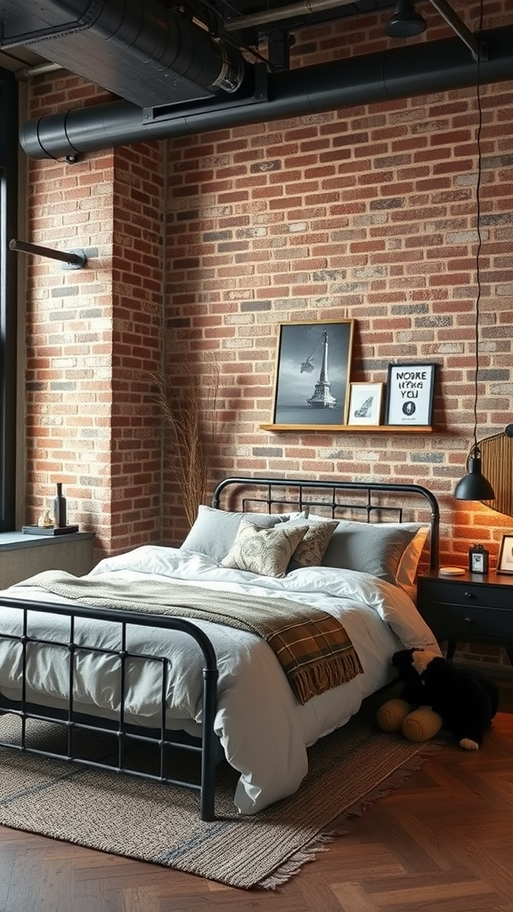 A stylish bedroom featuring an industrial design with exposed brick walls, a metal bed frame, and cozy decor.