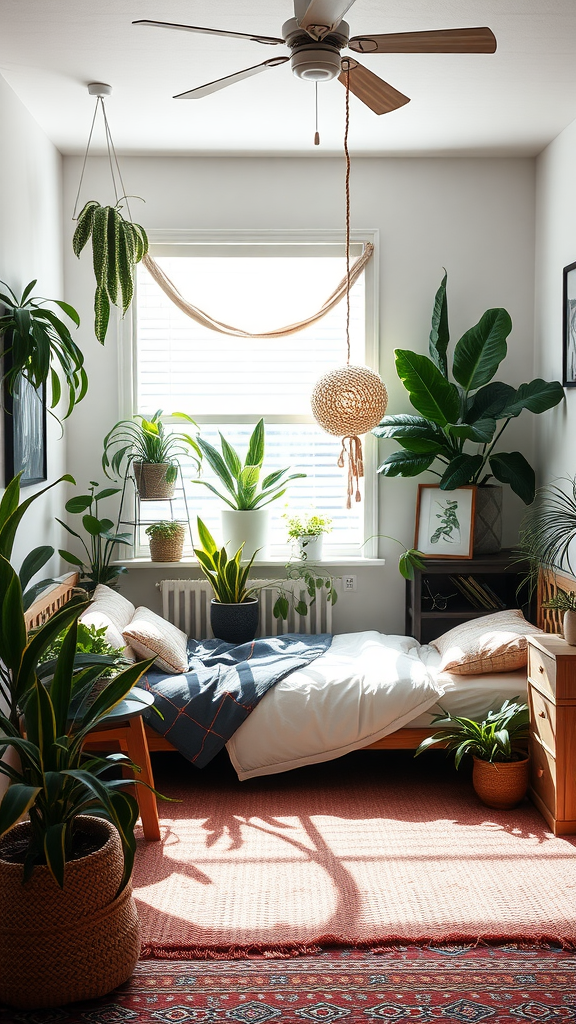 A cozy bedroom filled with various indoor plants, featuring a bed and natural light.