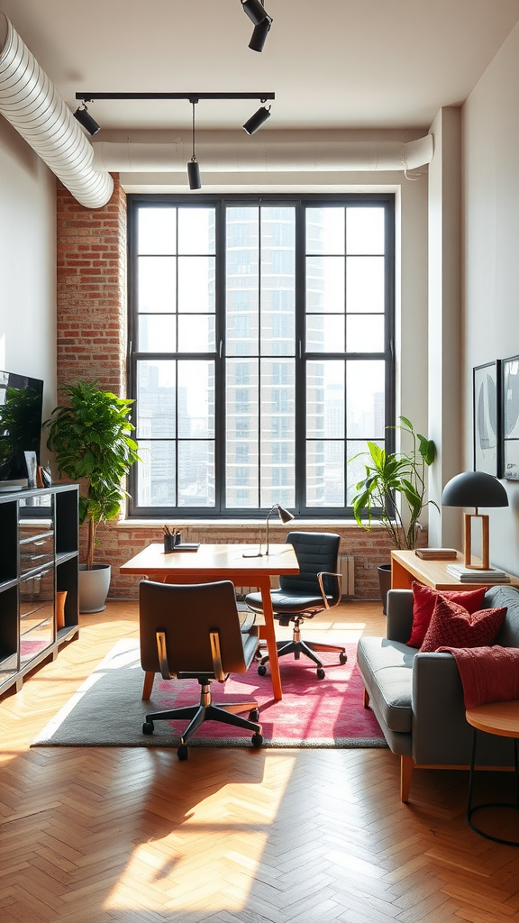 A modern urban loft with an open layout, featuring large windows, stylish furniture, and plants.