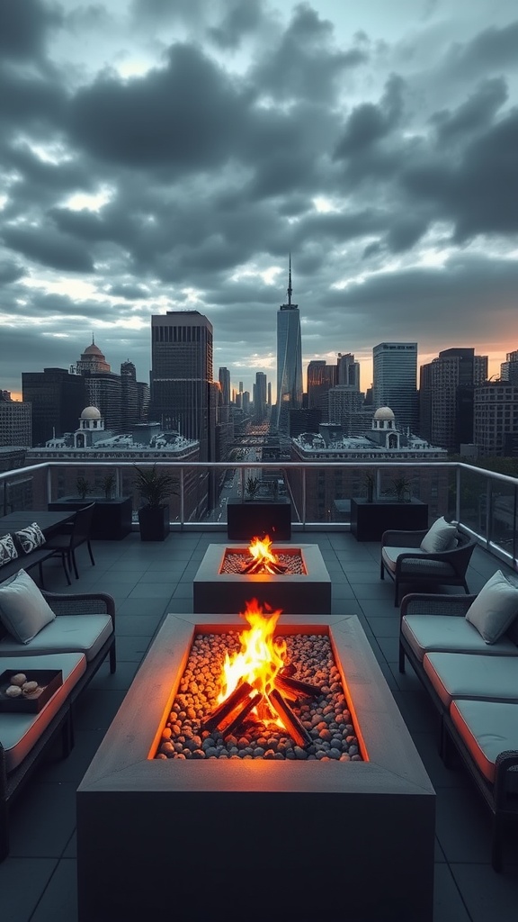 A stylish urban rooftop with fire pits and city skyline.