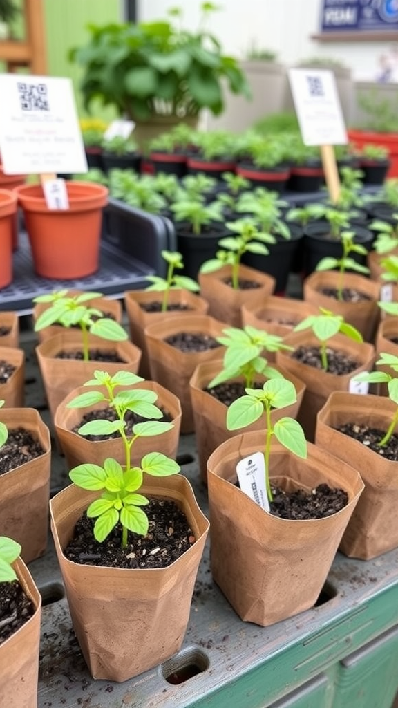 Rows of small vegetable plant starters in eco-friendly pots.