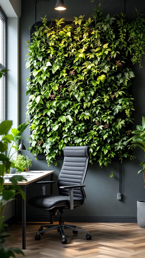 A cozy office space featuring a vertical garden, a sleek black chair, and a wooden desk