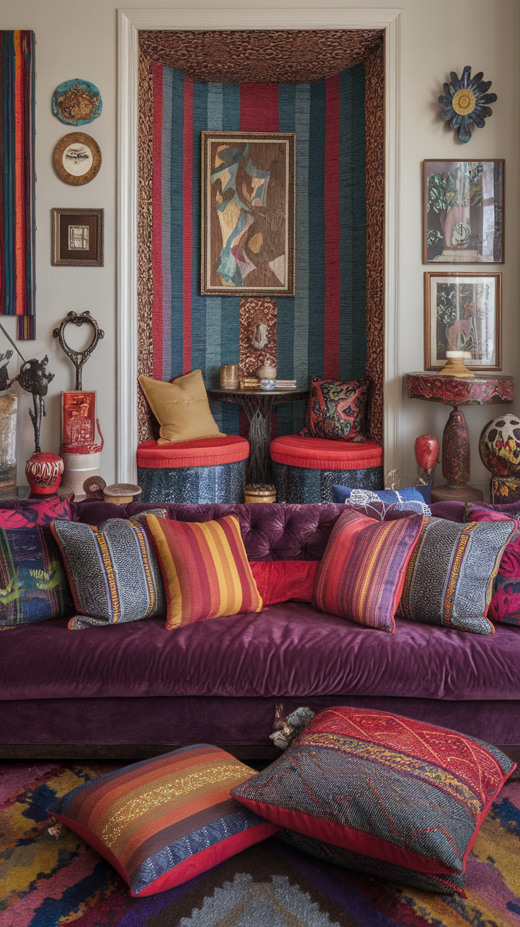 A cozy sofa adorned with an array of colorful and patterned throw pillows.