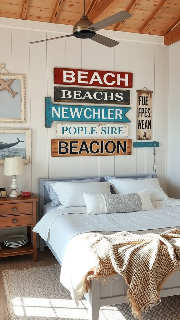 A coastal bedroom featuring vintage beach signs on the wall.