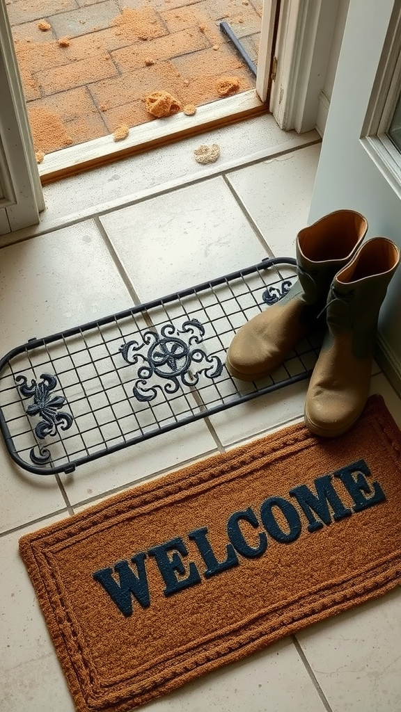 A vintage boot tray with colorful boots placed on it, welcoming visitors.