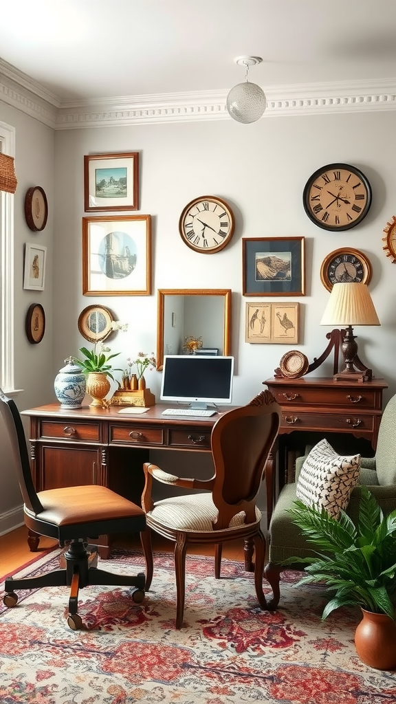 A vintage-inspired home office with antique clocks and framed art on the walls.