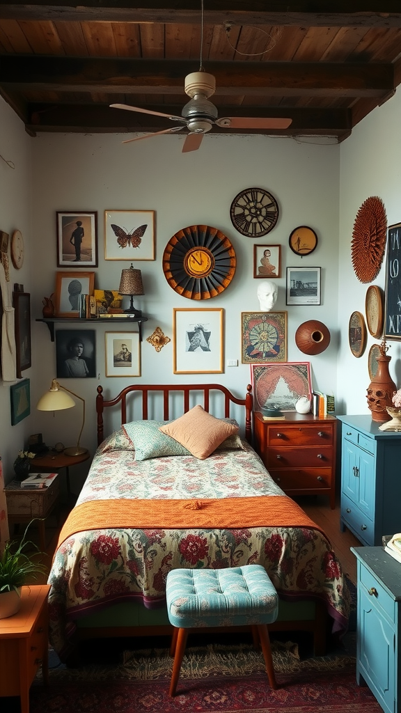 A vintage eclectic bedroom featuring an array of art pieces, a wooden bed, and colorful textiles.