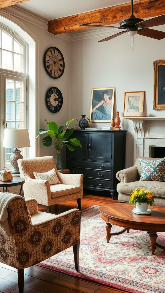 Cozy living room featuring vintage furniture, a coffee table, and decorative accents.