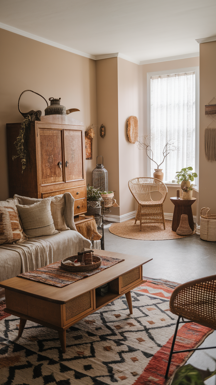 A cozy living room with vintage furniture, featuring a wooden cabinet, comfy sofa, and decorative plants.