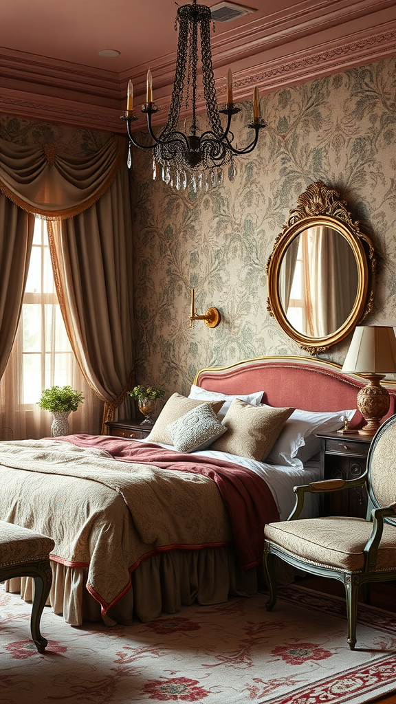 A vintage-inspired bedroom featuring a chandelier, elegant decor, and soft textiles.