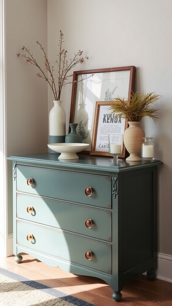 A vintage green dresser with three drawers, adorned with decorative items like vases, framed artwork, and plants.