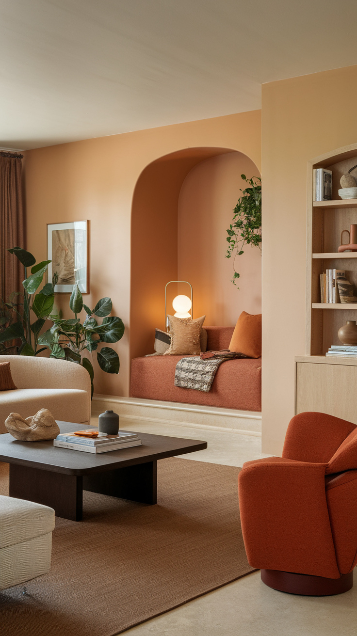 A cozy living room featuring warm colors with orange and beige tones.