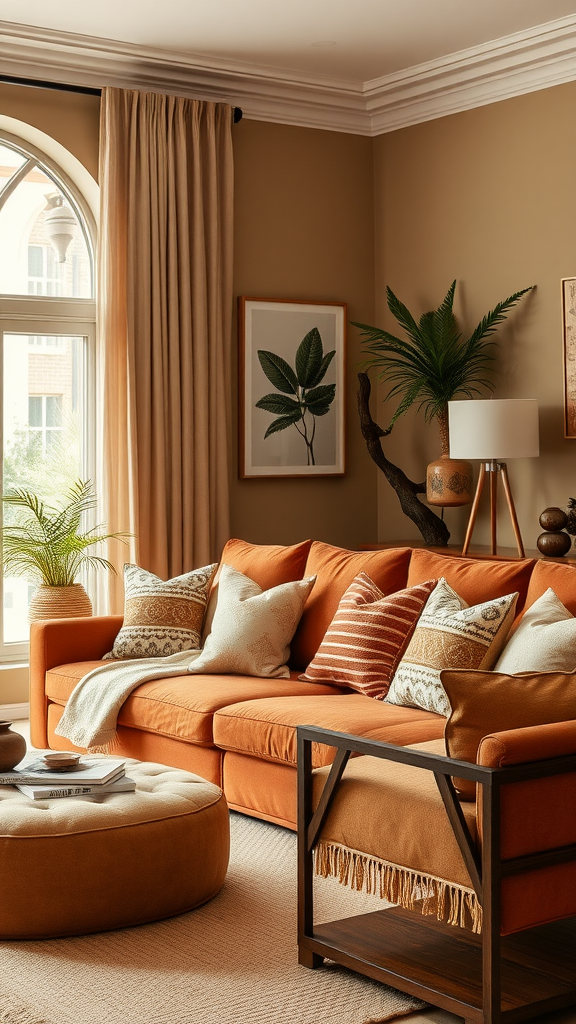 A cozy living room featuring warm colors, including an orange sofa, earthy tones, and green plants.