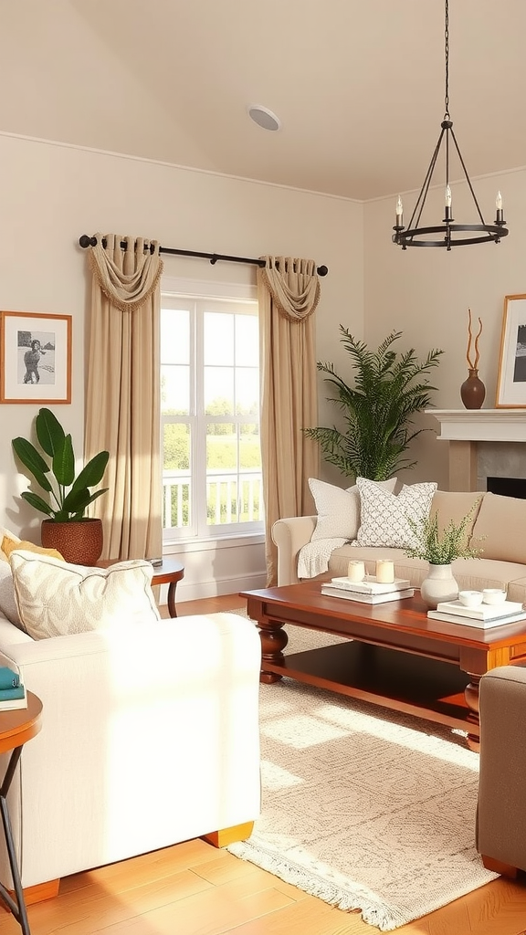 Cozy living room with warm neutral colors and comfortable furniture.