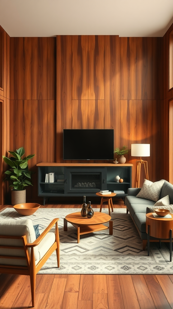 Cozy living room with warm wood accents and modern furniture.