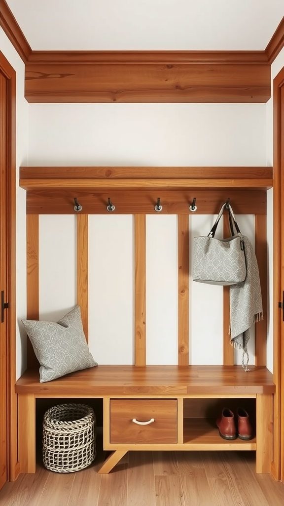 A cozy wooden entryway with a bench, hooks, and a basket