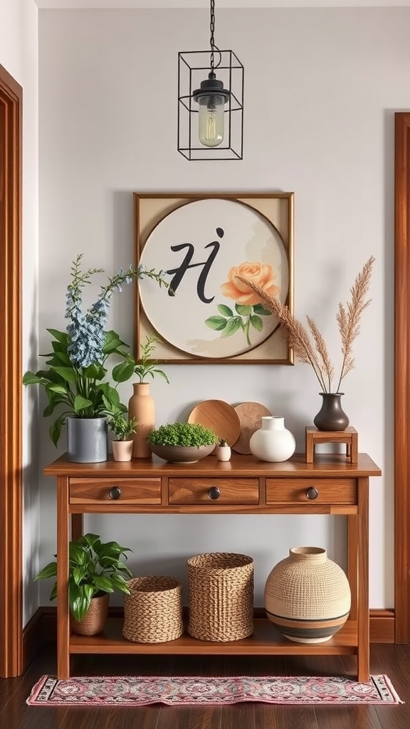 A wooden entryway table decorated with plants, decorative items, and a wall art piece featuring a letter 'H' and a rose.