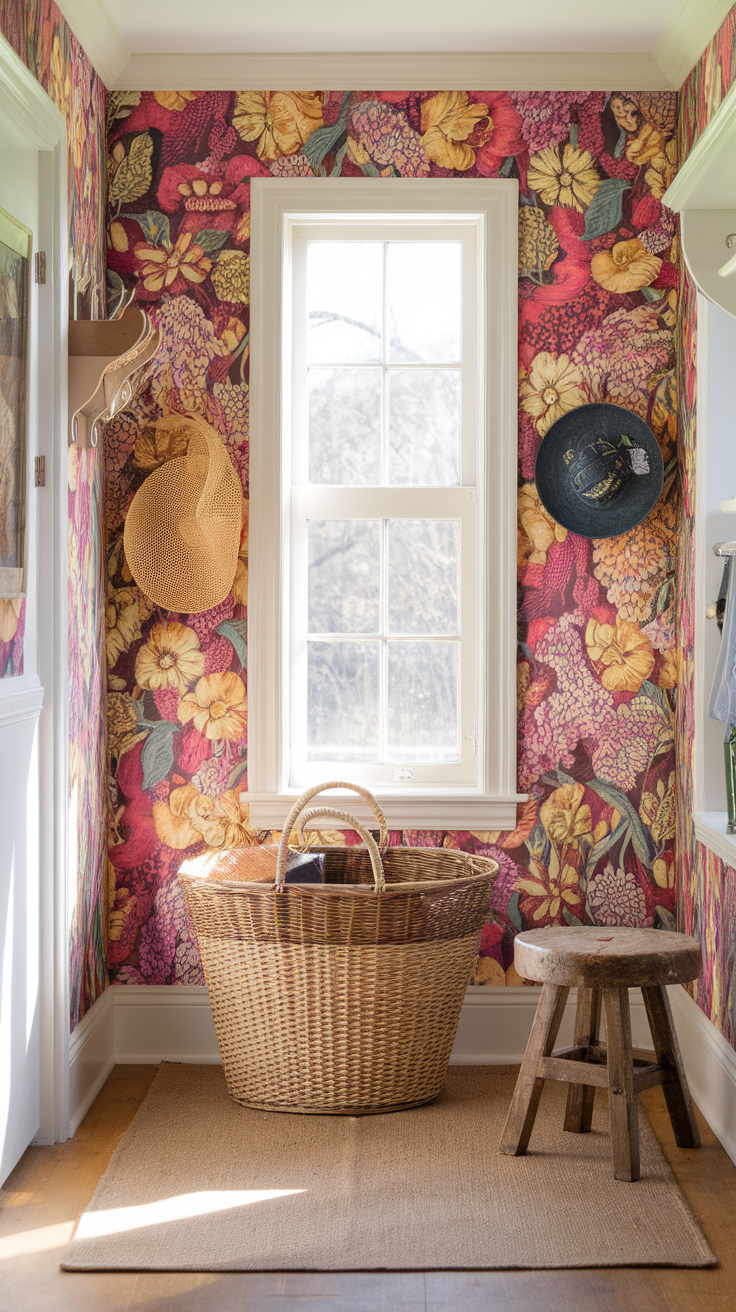 A cozy corner with floral wallpaper, a window, a straw hat, and a woven basket.