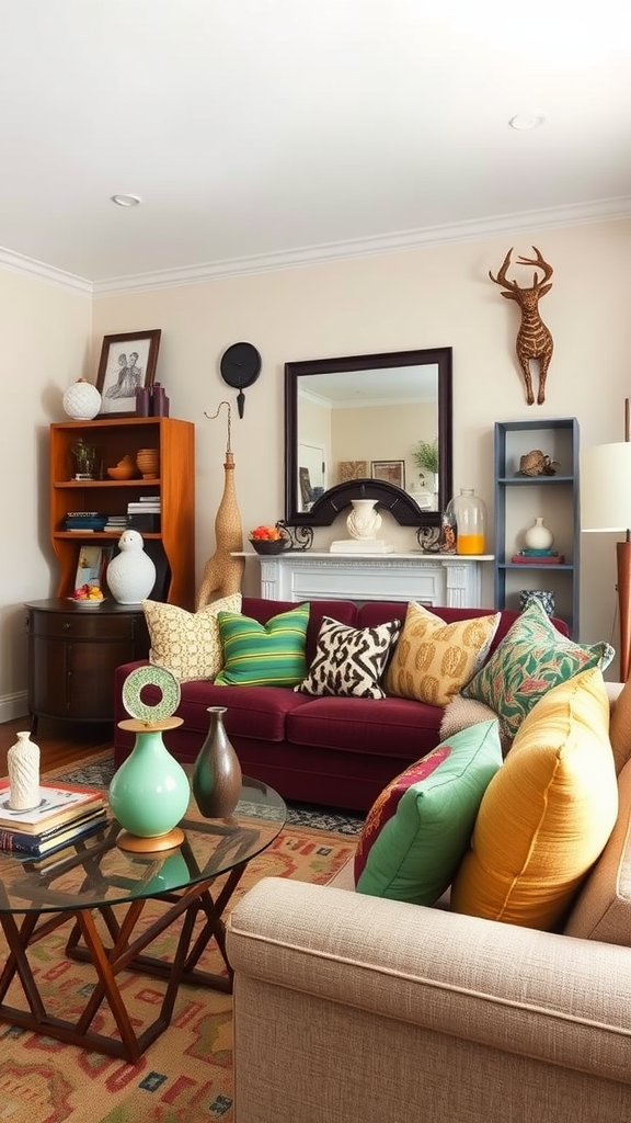 A colorful living room with a mix of cozy pillows, unique decor, and a vibrant atmosphere.