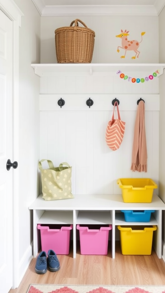 A cheerful children's area with colorful storage bins, a cute wall decoration, and cozy shoes.