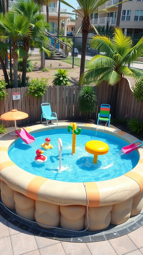 A small, colorful splash pool for kids surrounded by palm trees and lounge chairs.