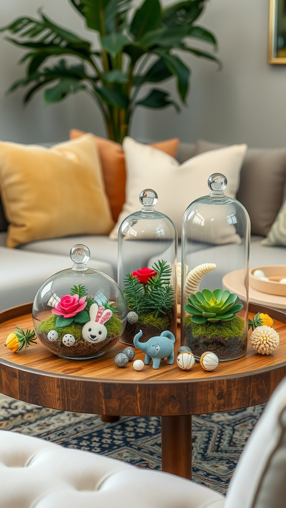 A table with whimsical terrariums featuring colorful decorations and greenery