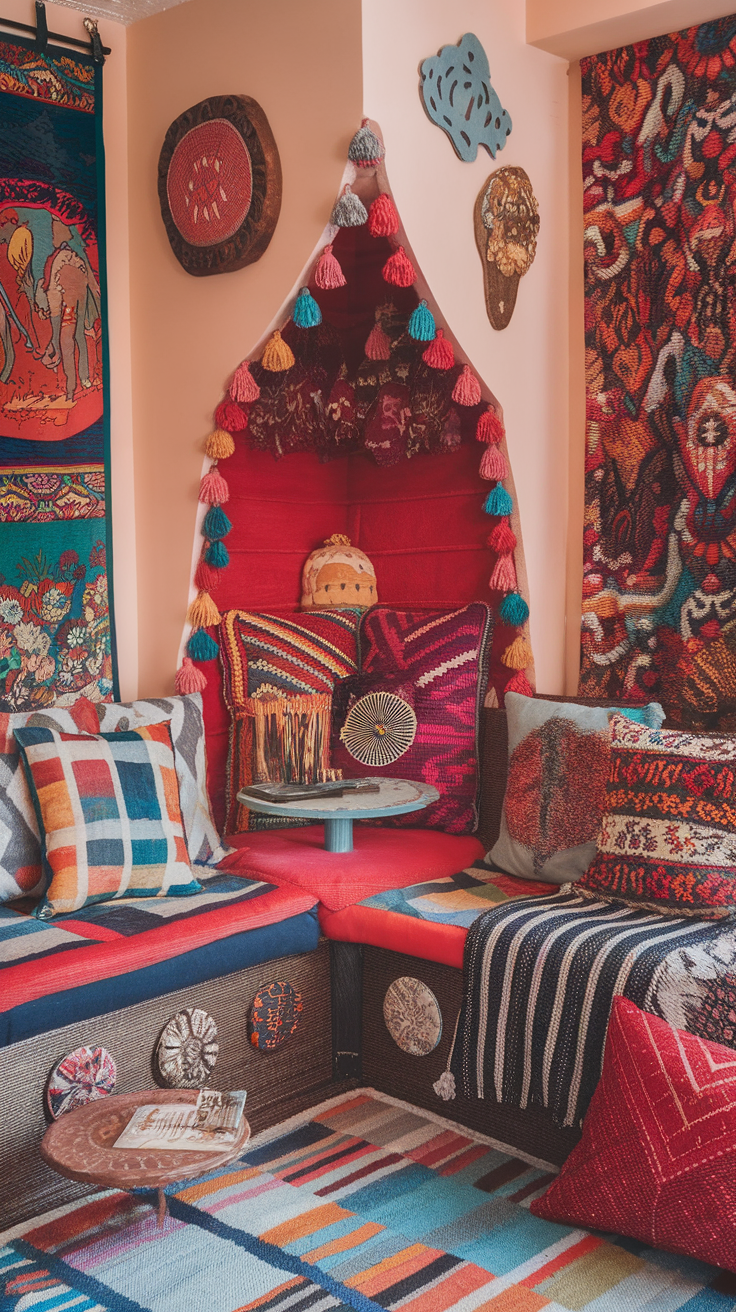 Colorful living space featuring wall hangings and textiles.