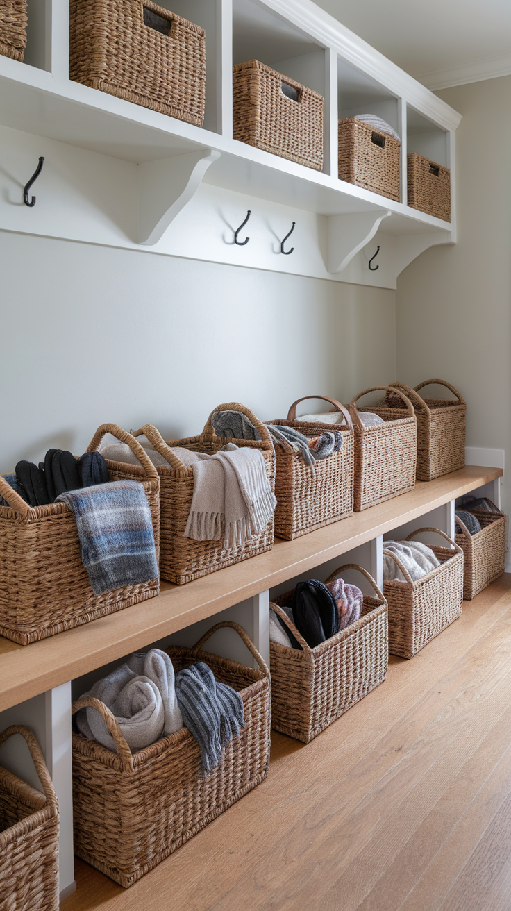 A neatly organized space featuring wicker baskets on shelves and a bench.