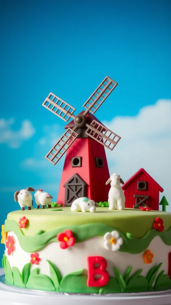 A whimsical windmill cake decorated with farm animals and flowers.