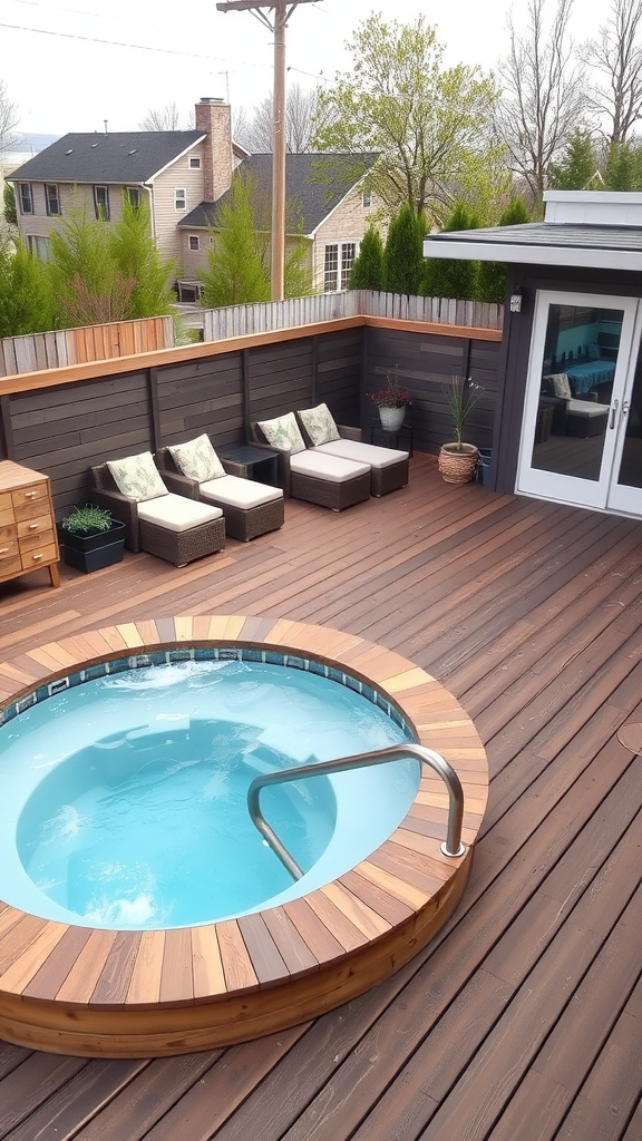 Wooden deck pool with a jacuzzi side, featuring a circular jacuzzi and lounge chairs