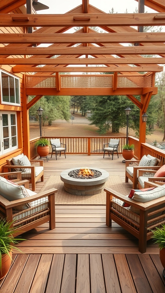 Wooden deck featuring a central fire pit surrounded by comfortable seating.