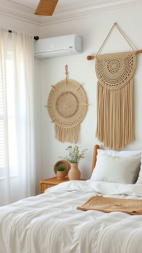 Coastal cottage bedroom featuring woven wall hangings above the bed.