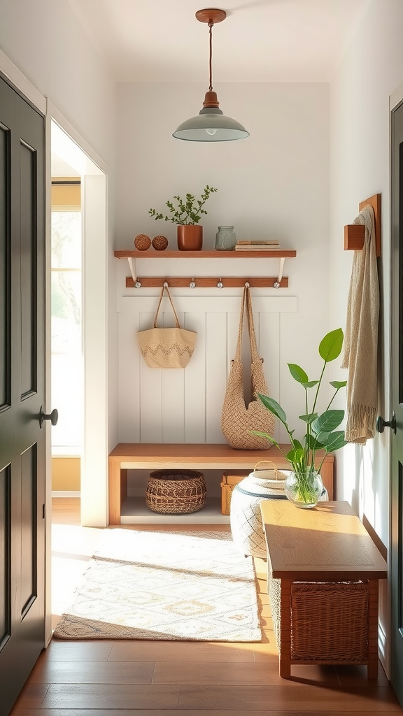 A zen-inspired entry nook featuring natural light, a wooden bench, plants, and minimalist decor.