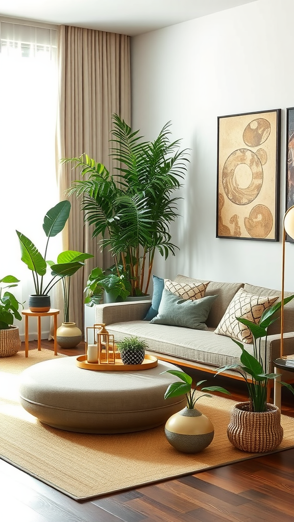 A cozy living room with a sofa, circular coffee table, and several indoor plants.