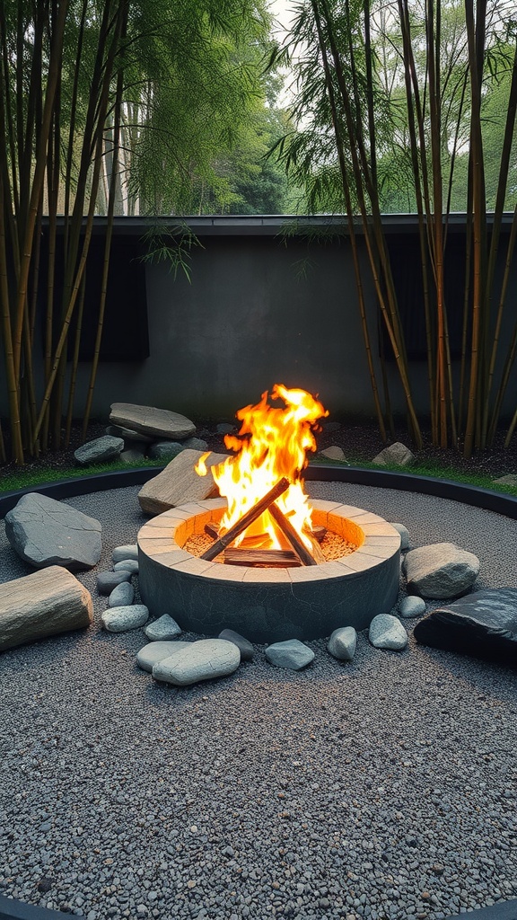 A cozy fire pit surrounded by smooth stones and bamboo in a Zen garden setting.