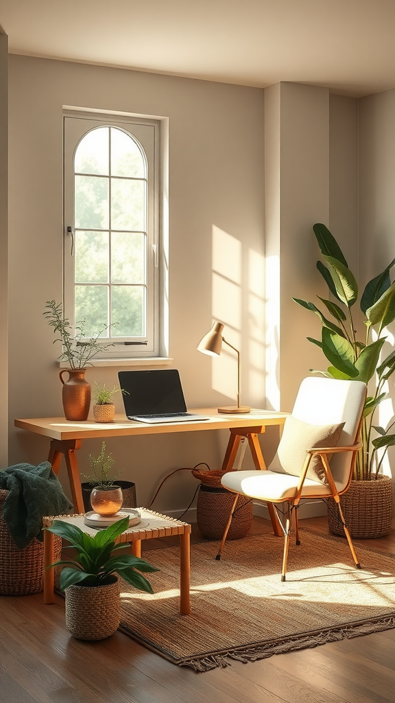 A bright and airy workspace with natural elements, featuring a desk, chair, and plants.