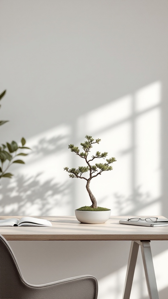 A bonsai tree on a desk with an open notebook and glasses, creating a serene workspace.