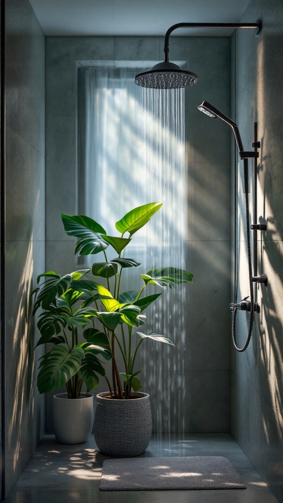 A lush ZZ plant in a modern bathroom setting with a shower.