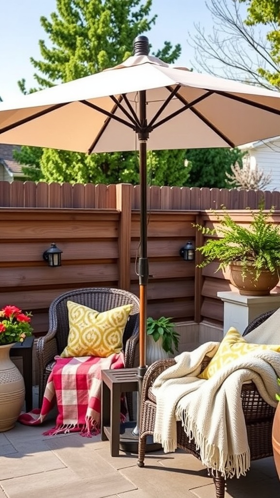 A cozy patio setup with accent pillows and throws under an umbrella.