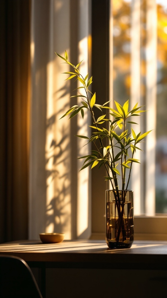 A slender bamboo plant in a clear vase on a desk, casting shadows in soft sunlight.