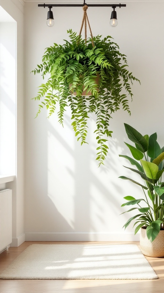 A vibrant hanging fern in a bright room, adding a fresh touch to the decor.