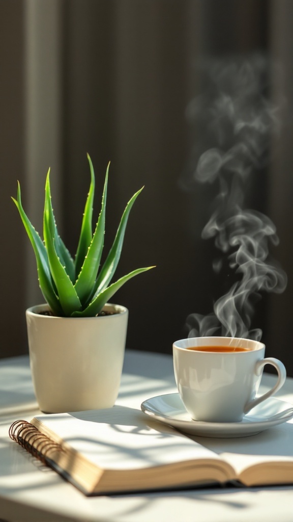 Aloe Vera plant beside a steaming cup of tea and an open notebook on a table