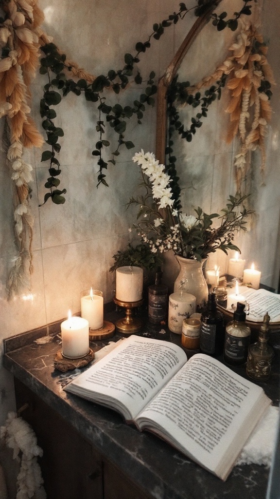 A beautifully arranged altar space in a bathroom featuring candles, plants, and an open book.