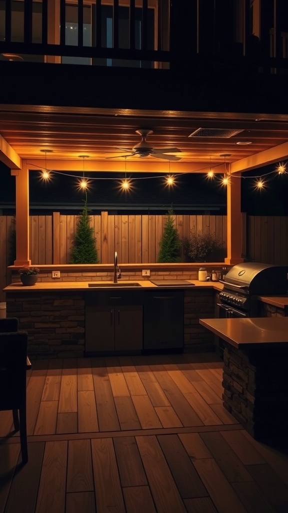 Cozy outdoor kitchen with soft lighting under a deck