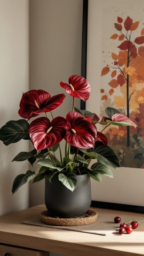 A vibrant Anthurium plant with rich red flowers in a black pot, set against a backdrop of autumn-themed art.